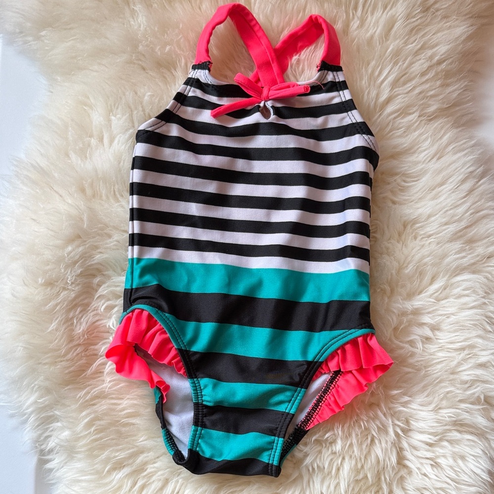 Baby Striped One-Piece Swimsuit with Pink Trim